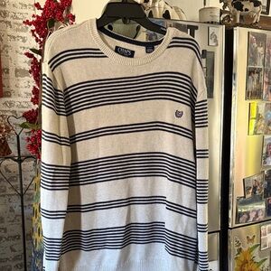 Chaps Men's Striped Crewneck Sweater - Cream and navy stripes